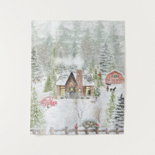 Tapete De Parede Cena de Cabana de Natal no Inverno Nevado