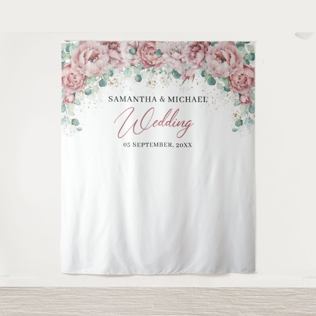 Tapete De Parede Cena de casamento boho rosa floral verde dourado (Frente)