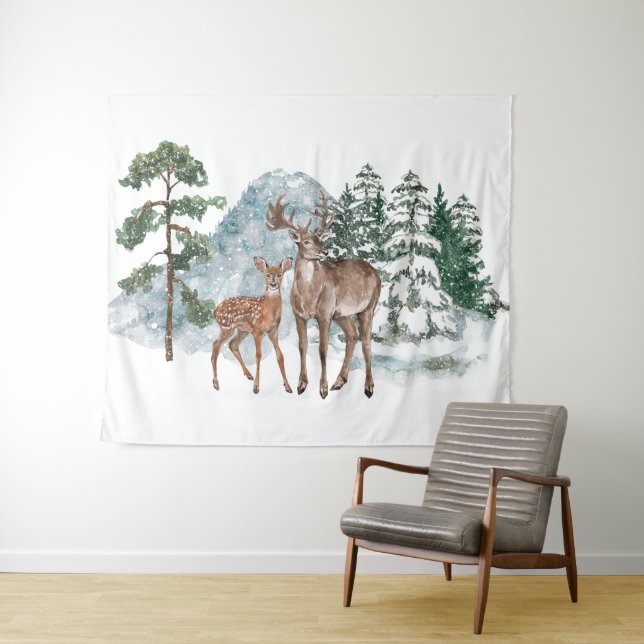 Tapete De Parede Cena de Inverno Querido e árvore de pinheiro neve  (In Situ (Horizontal))