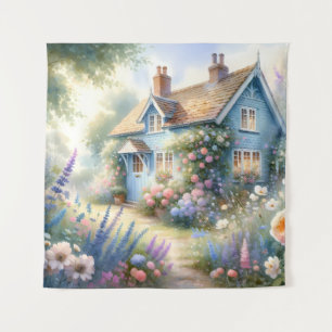 Tapete De Parede Cena Floral Casa Azul Jardim Pastel Cottage