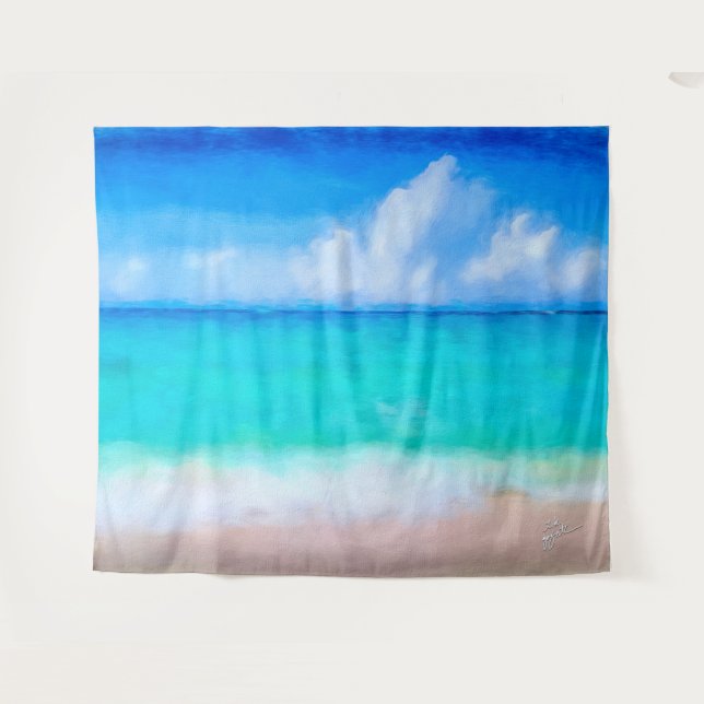 Tapete De Parede Cena Tropical de Praia e Aquarela de Areia (Frente (Horizontal))