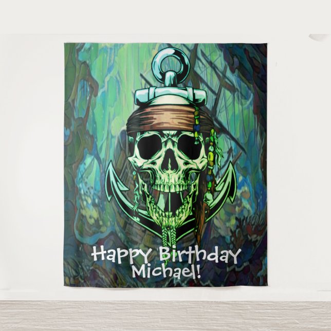 Tapete De Parede Cenário de Aniversário com Caveira Pirata (Frente)