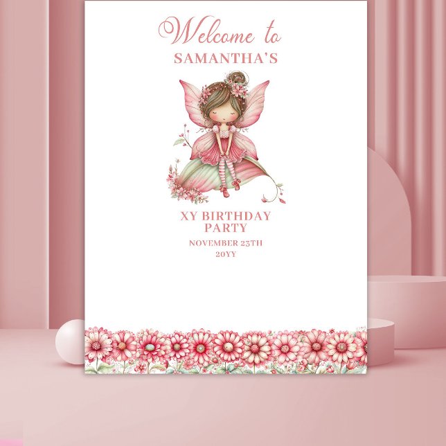 Tapete De Parede Cenário de Aniversário de 3 anos da Fada Rosa Mági (Magical Cute Pink Fairy 3rd Birthday Backdrop)