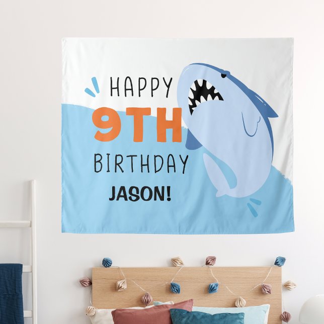 Tapete De Parede Cenário de aniversário de 9 anos personalizado com (Shark Custom Kids 9th Birthday Backdrop
)
