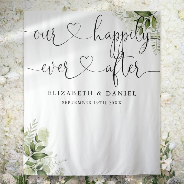 Tapete De Parede Cenário de Foto de Casamento com Folhagem e Letrei (Ever After Script Greenery Wedding Photo Backdrop)