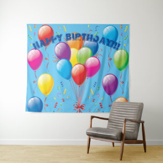 Tapete De Parede Cenário e Faixa de Aniversário com Balões - Azul