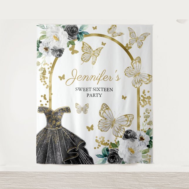 Tapete De Parede Cenário para Festa Sweet 16 - Vestido Floral com B (Frente)