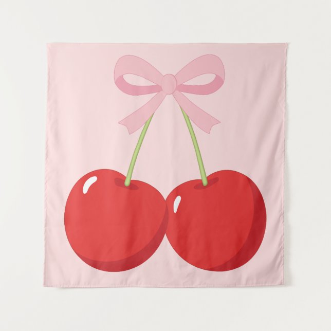 Tapete De Parede Cerejas Vermelhas com Laço Rosa Coquette Cottage C (Frente)