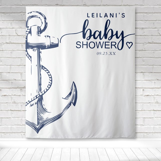 Tapete De Parede Chá de Bebê Âncora Náutica Branco (Nautical anchor baby shower on a white backdrop with navy blue anchor and typography.)