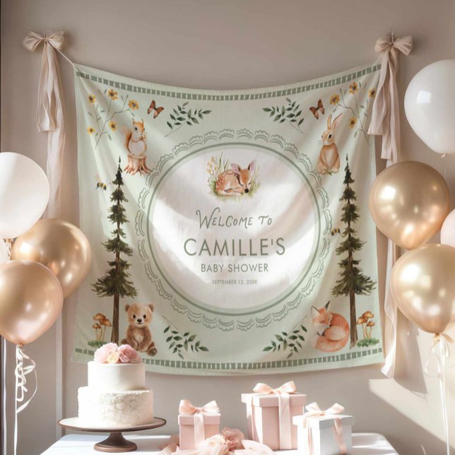 Tapete De Parede Chá de Bebê Bem-Vindo à Floresta em Verde Sage (Green Woodland Baby shower Welcome Backdrop)