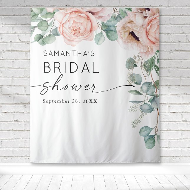 Tapete De Parede Chá de Bebê de Noiva Rosa em Aquarela Floral (Pink peony floral botanical cascading watercolor design on this bridal shower tapestry backdrop.)