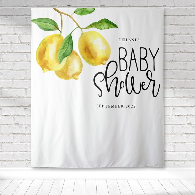 Tapete De Parede Chá de Bebê em Aquarela de Limão (Watercolor citrus lemon drop with a fun typography for baby shower making a beautiful backdrop.)