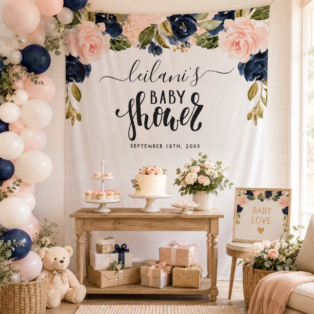 Tapete De Parede Chá de Bebê Floral Azul Marinho Rosa (Blush pink and navy blue floral botanical baby shower typography tapestry perfect for photo ops.)