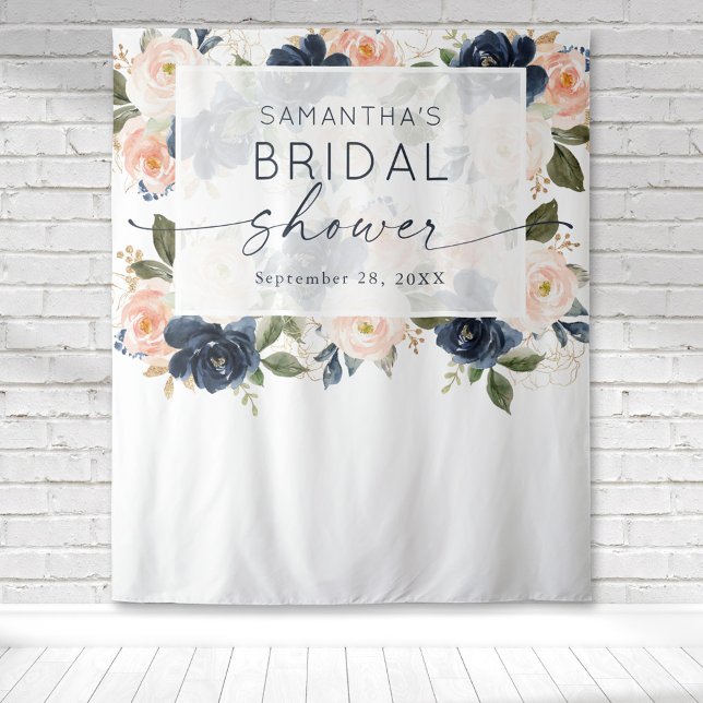Tapete De Parede Chá de Bebê Floral Botânico Aquarela  (Blush pink and navy blue floral botanical watercolor bridal shower tapestry for the perfect backdrop)