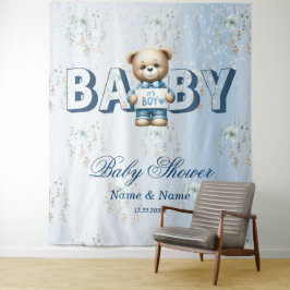 Tapete De Parede Chá de Bebê Urso Teddy Fofo Azul Floral Bonito