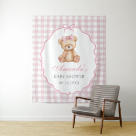 Tapete De Parede Chá de fraldas Rosa Gingham Teddy Bear