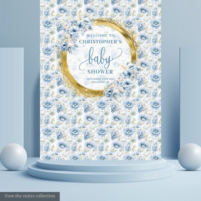 Tapete De Parede Charmoso Estandarte de Chuveirinho de Bebê em Azul (Charming Dusty Blue Gold Floral Baby Shower Banner Tapestry)