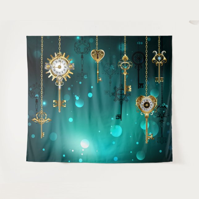 Tapete De Parede Chaves de Esqueleto Anticas em Fundo Verde (Frente (Horizontal))