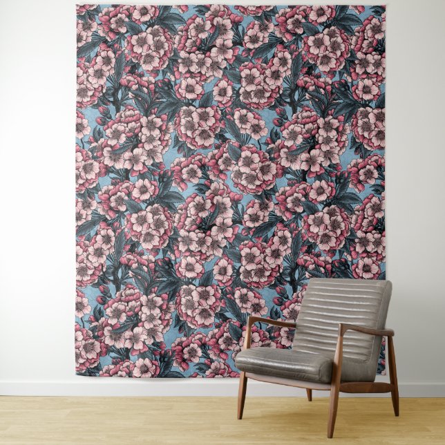 Tapete De Parede Cherry blossom in pink and blue (In Situ)