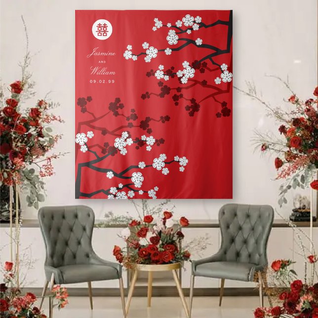 Tapete De Parede Cherry Blossoms Chinês Casamento Foto Vermelho (White/Red Cherry Blossoms Double Happiness, Chinese Wedding Backdrop Tapestry @ fatfatin_red_knot)