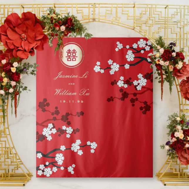 Tapete De Parede Cherry Blossoms Chinês Casamento Foto Vermelho (White Cherry Blossoms Gold Double Happiness, Chinese Wedding Backdrop Tapestry @ fatfatin_red_knot)
