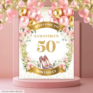 Tapete De Parede Chic 50º Aniversário Pink Heels Blush Banner Flora
