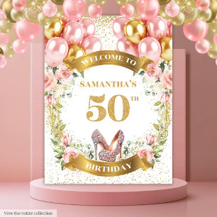Tapete De Parede Chic 50º Aniversário Pink Heels Glitter Party Bann