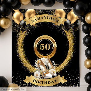 Tapete De Parede Chic 50th Birthday Banner Dourado Heels com Litera