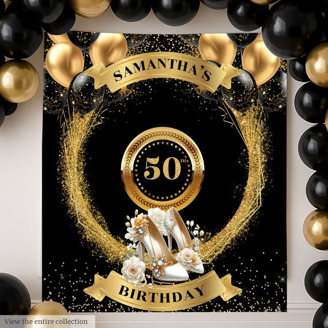 Tapete De Parede Chic 50th Birthday Banner Dourado Heels com Litera (Chic 50th Birthday Banner Gold Glitter Heels Tapestry)