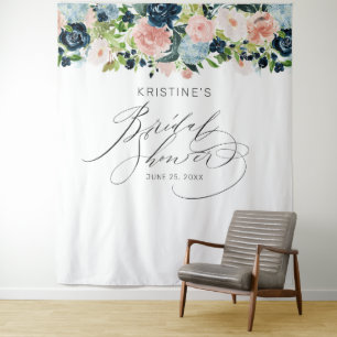 Tapete De Parede Chic Blush Rosa Azul Floral Script Chás de Noiva