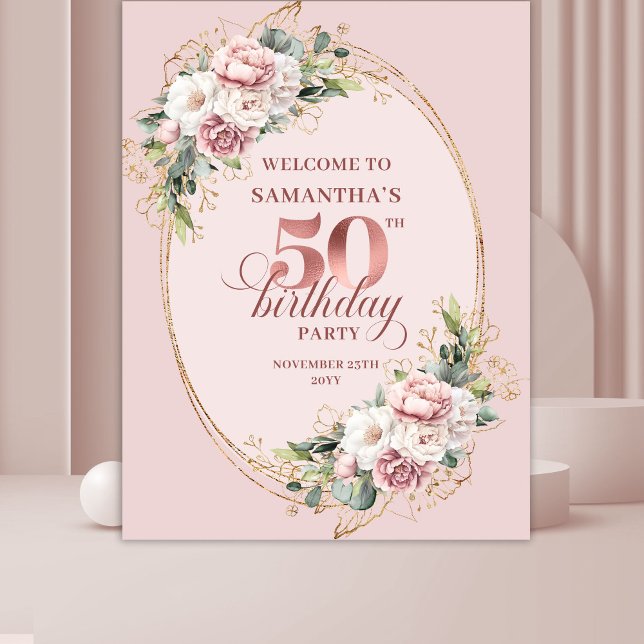 Tapete De Parede Chic Rose Dourado Folhagem Celebração de 50º Anive (Chic Rose Gold Greenery 50th Birthday Celebration Banner Decor

)