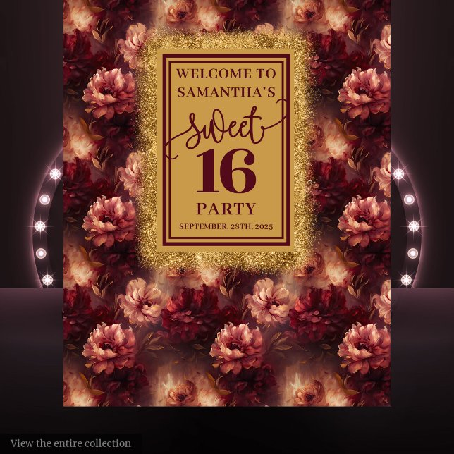 Tapete De Parede Chic Sweet 16 Blush Burgundy Dourado Party Banner (Chic Sweet 16 Blush Burgundy Gold Party Banner)