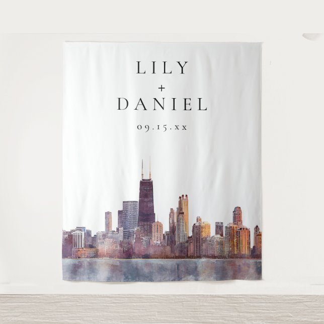 Tapete De Parede Chicago Skyline Wedding Photo Backdrop (Frente)