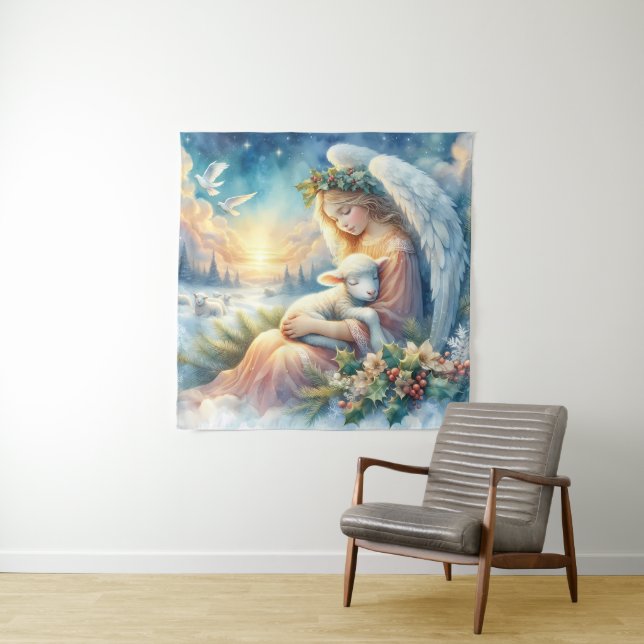 Tapete De Parede Christmas Angel with Lamb in Winter Peace (In Situ)