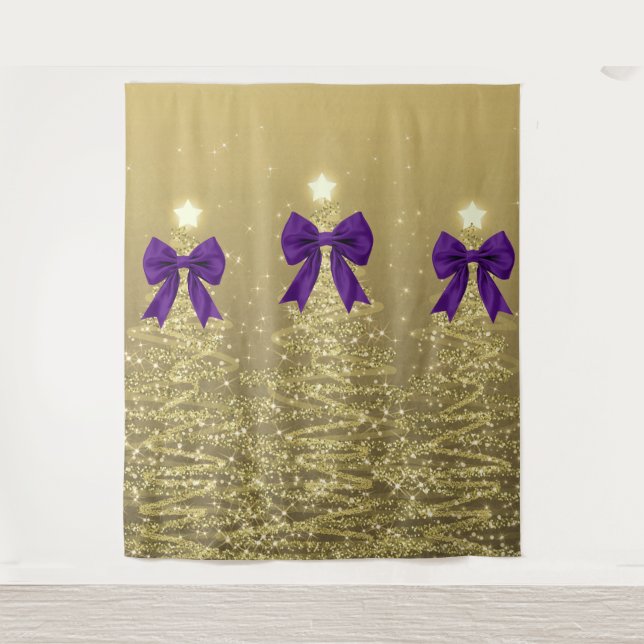 Tapete De Parede Christmas Sparkling Trees Gold Faux Purple Bow  (Frente)
