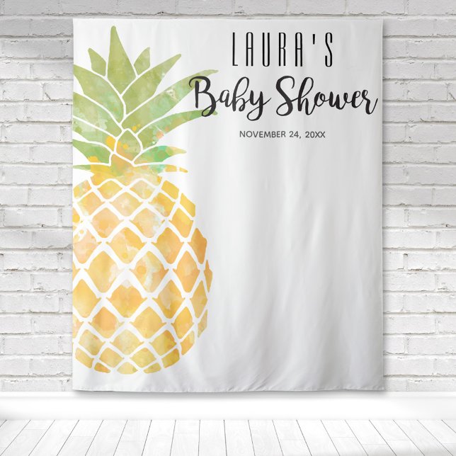 Tapete De Parede Chuva de Bebê Amarelo Aquarela Abacaxi Tropical (Pineapple baby shower with a large watercolor pineapple stencil on the side for a tropical backdrop.)