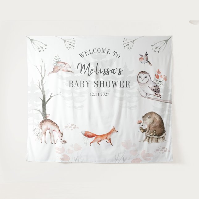 Tapete De Parede Chuva de Bebê Animais da Floresta Aquarela (Frente (Horizontal))