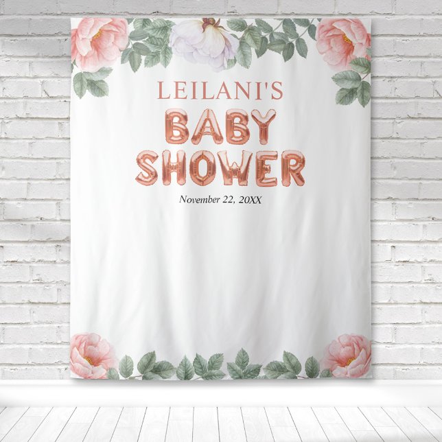 Tapete De Parede Chuva de Bebê Balão Dourado Rosa Fundo Floral (Pink and white peony with rose gold balloon lettered baby shower for a botanical backdrop for photos)