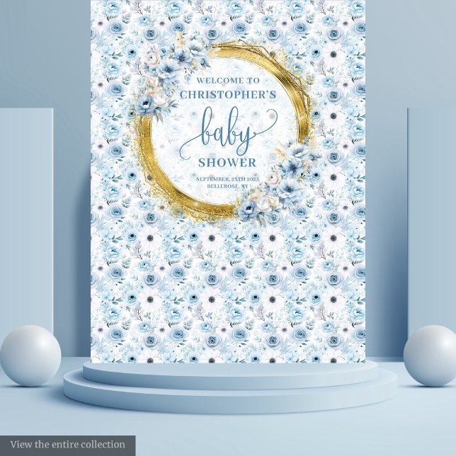 Tapete De Parede Chuva de bebê elegante boho azul pastel com flores (Elegant boho pastel blue flowers gold baby shower Tapestry)