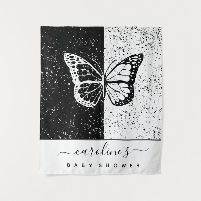 Tapete De Parede Chuva de Bebê Elegante Borboleta Preto e Branco Po (Frente)