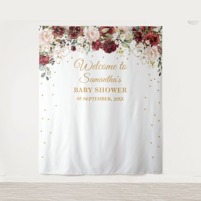 Tapete De Parede Chuva de bebê emoldurada em dourado floral boho ro (Frente)