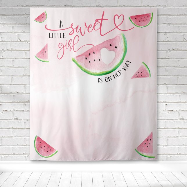 Tapete De Parede Chuva de Bebê Menina com Aquarela de Melancia Rosa (Watercolor watermelon baby shower for a sweet little girl on her way for a cute backdrop.)