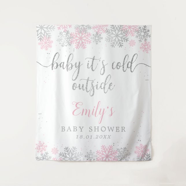 Tapete De Parede Chuva de Bebê Menina com Flocos de Neve Rosa e Pra (Frente)