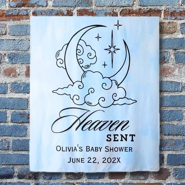 Tapete De Parede Chuva de Estrelas Lua Azul Enviada do Céu para Chá (Heaven Sent Blue Moon Stars Baby Shower Tapestry)
