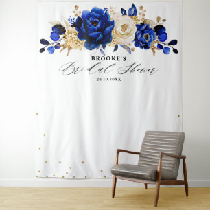 Tapete De Parede Chuva de noiva floral azul real metálico dourado