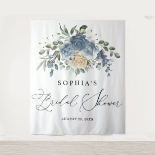 Tapete De Parede Chuva de Noiva Floral em Azul Poeirento e Champanh
