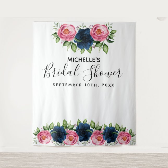 Tapete De Parede Chuva de presentes azul rosa flores brancas empoei (Frente)