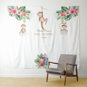 Tapete De Parede Chuveiro de Bebê Floral Tropical de Macaco Cabine