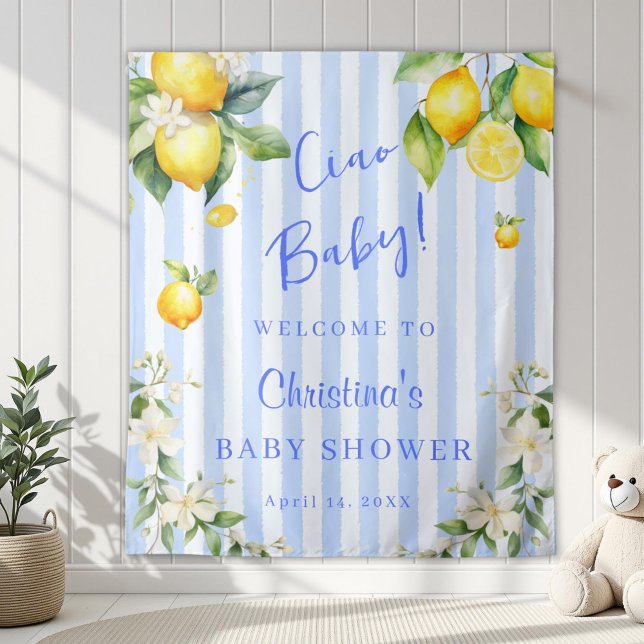Tapete De Parede Ciao Baby Blue Citrus Lemons Baby Shower Backdrop (Ciao Baby Blue Stripe Lemons Baby Shower Backdrop)