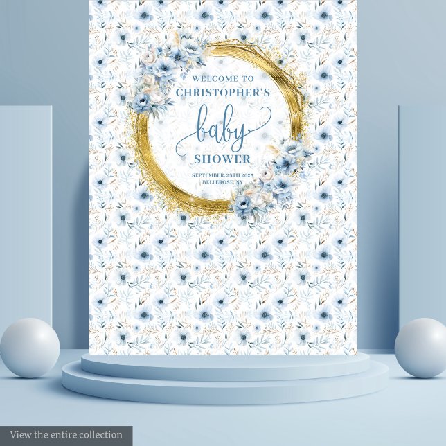 Tapete De Parede Cinzas poeirentas flores azuis chá de fraldas (Dainty dusty blue flowers gold baby shower banner tapestry)